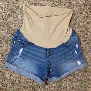 Indigo Blue Jean Shorts with Tan Waistband